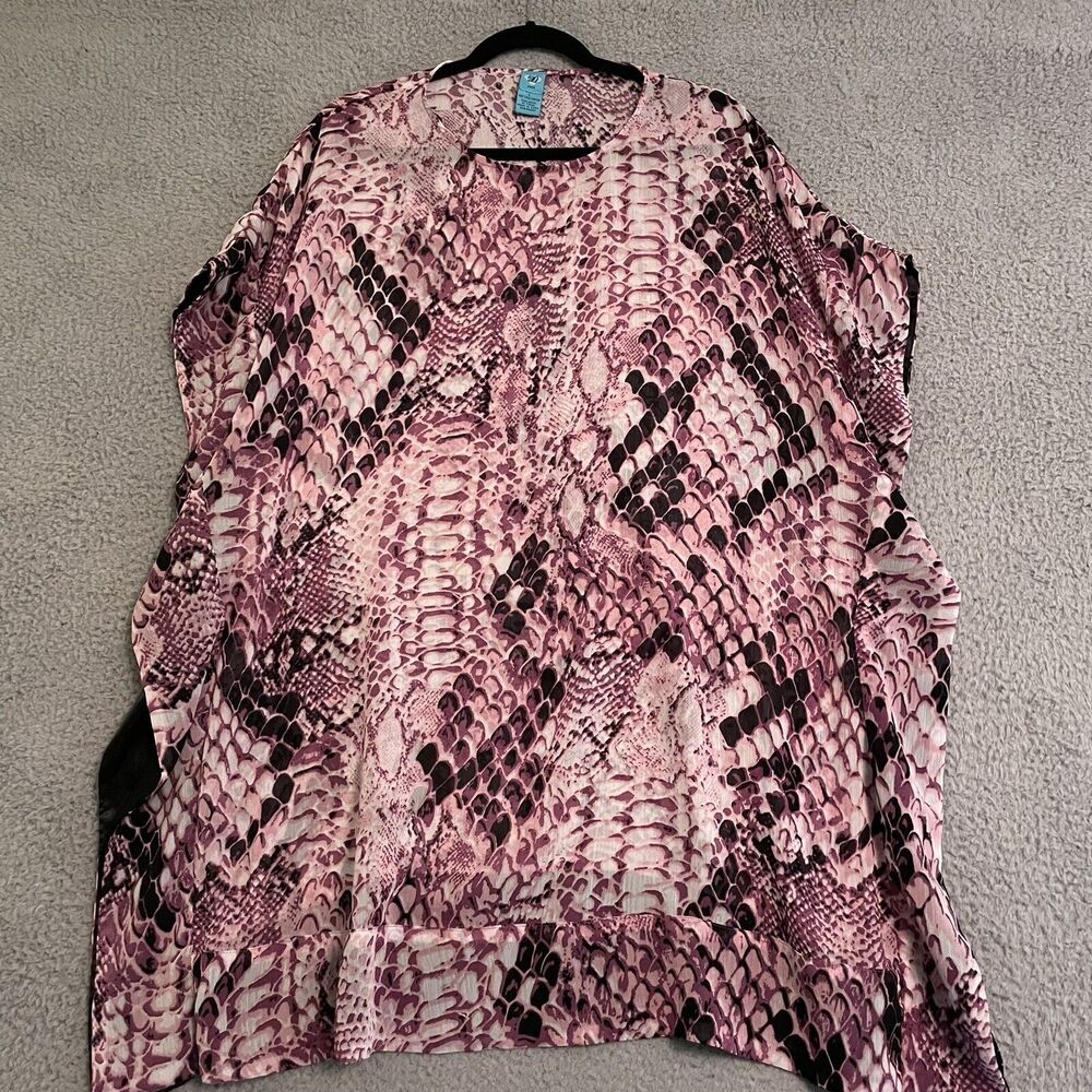 D Swim Womens Large Swim Cover Up Pink Snakeskin Print Batwing Sleeve Sheer